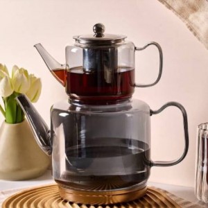 ست کتری قوری پیرکس کف استیل 304 دودی