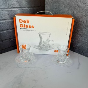 ست استکان و نعلبکی کمر باریک طرح خطی برند دلی گلس