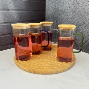 لیوان پیرکس مربعی دسته رنگی درب بامبو 300 میل