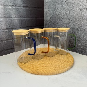 لیوان پیرکس مربعی دسته رنگی درب بامبو 300 میل