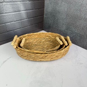 سبد حصیری دسته بامبو طرح بیضی