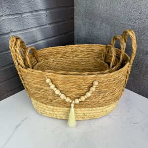 سبد حصیری سه عددی دسته دار طرح بوهو