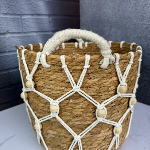 سبد حصیری سه عددی طرح آویز و دسته مکرومه