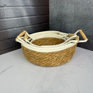 سبد حصیری سه عددی دسته بامبو لبه قیطان