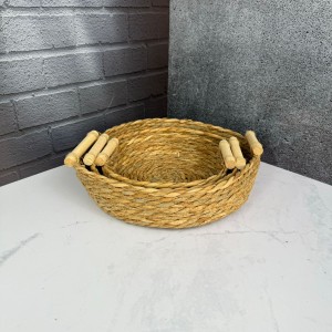 سبد حصیری سه عددی دسته بامبو طرح گرد