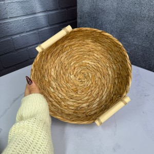 سبد حصیری سه عددی دسته بامبو طرح گرد