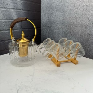 ست قوری و استکان پیرکس همراه با استند بامبو