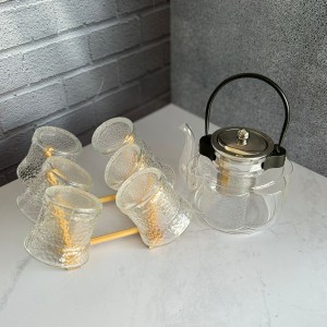 ست قوری و استکان پیرکس همراه با استند بامبو