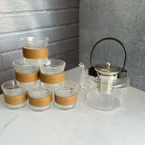 ست قوری و استکان پیرکس همراه با استند بامبو