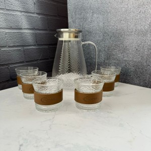 ست پارچ و لیوان پیرکس طرح برفی درب استیل کمردار پلاستیکی