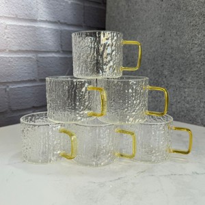 شات قهوه خوری پیرکس مدل سنگی  دسته طلایی مربعی