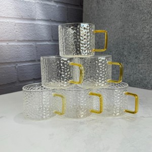 شات قهوه خوری پیرکس مدل سنگی ریز دسته طلایی 150میل