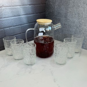 ست پارچ و لیوان پیرکس درب بامبو طرح یخی