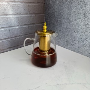 قوری پیرکس طلایی درب استیل صافی دار  کف گرد