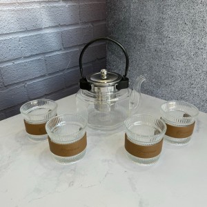 ست قوری و استکان پیرکس شعله مستقیم دسته مشکی