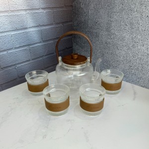 ست قوری و استکان پیرکس درب بامبو شیار دار