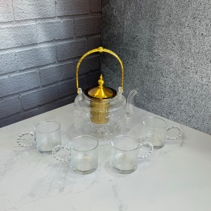 ست قوری و استکان پیرکس شعله مستقیم دسته طلایی