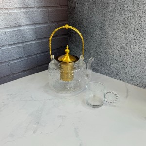 ست قوری و استکان پیرکس شعله مستقیم دسته طلایی