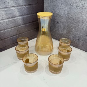 ست پارچ و لیوان کمر باریک  درب بامبو طرح شیار دار