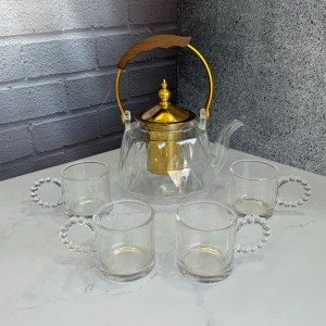 ست قوری و استکان پیرکس دسته منجوق طرح لوزی