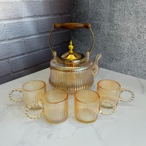 ست قوری و استکان پیرکس دسته منجوق شامپاینی