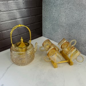 ست قوری و استکان پیرکس شعله مستقیم دسته طلایی شامپاینی