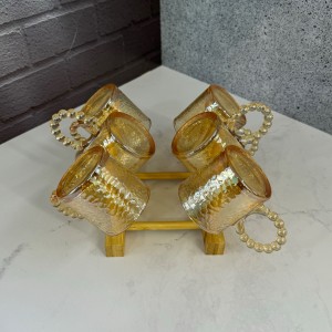 ست قوری و استکان پیرکس شعله مستقیم دسته طلایی شامپاینی