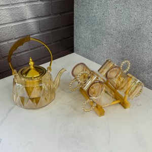 ست قوری و استکان پیرکس دسته منجوق طرح لوزی شامپاینی