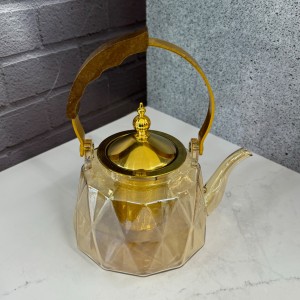 ست قوری و استکان پیرکس دسته منجوق طرح لوزی شامپاینی