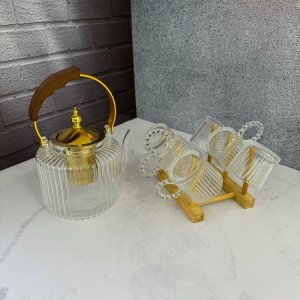 ست قوری و استکان پیرکس طرح شیار دار همراه با استند بامبو