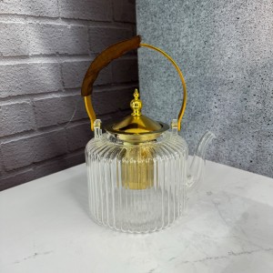 ست قوری و استکان پیرکس طرح شیار دار همراه با استند بامبو