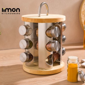 ست جا ادویه چرخشی 12 پارچه استیل و بامبو دسته دار لیمون