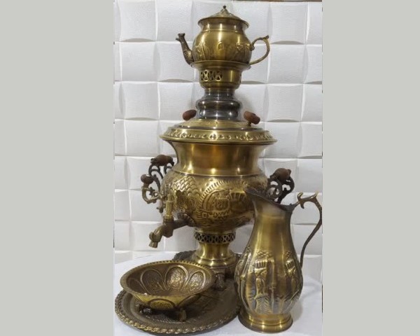 سرویس سماور برنجی قلمکار آنتیک 8 لیتر