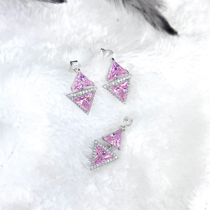 نیم ست نقره زنانه ایتالیایی مدل نگین صورتی