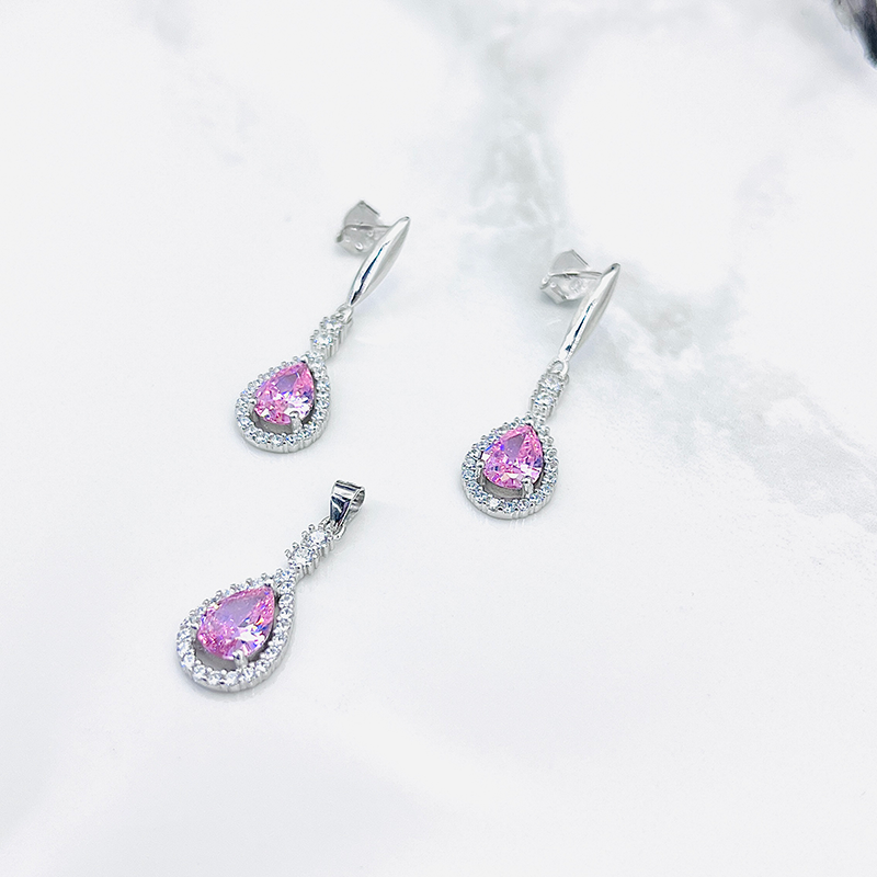 نیم ست نقره ایتالیایی مدل نگین صورتی