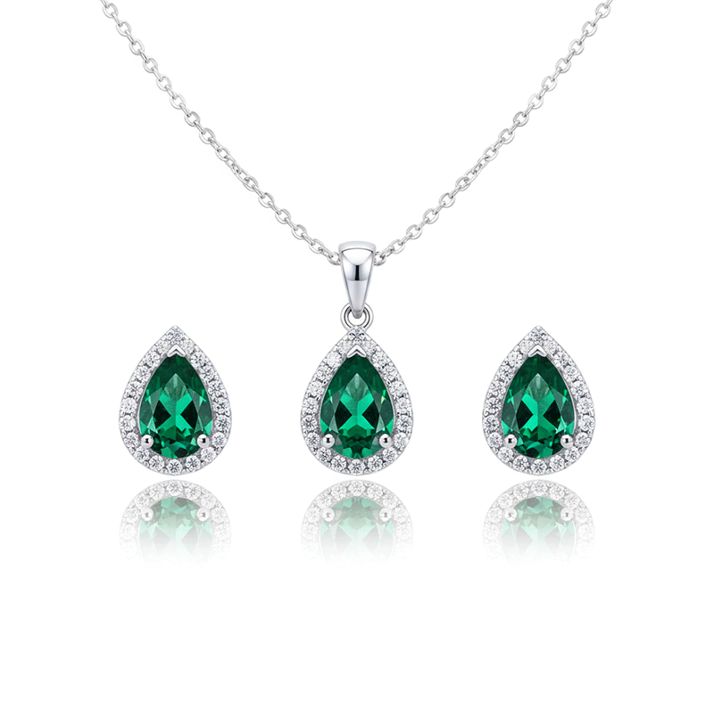 نیم ست نقره ایتالیایی مدل اشک سبز