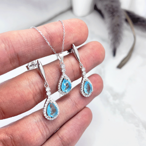 نیم ست نقره زنانه آبی روشن کریستالی