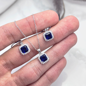 نیم ست نقره زنانه آبی همراه زنجیر