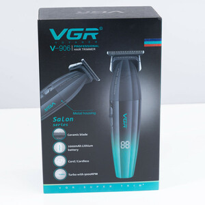 ماشین اصلاح موی سر و صورت وی جی آر مدل V-906 با تیغه سرامیکی پوشش DLC، موتور 9000 دور در دقیقه، باتری 2000 میلی‌آمپر ساعت با 240 دقیقه عمر شارژ، صفحه نمایش LED، طراحی ارگونومیک و مقاوم، قابلیت صفرزن، خط زن و حجم زن
