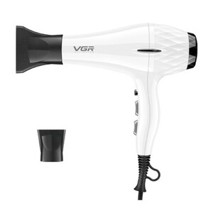سشوار حرفه‌ای 2200 وات وی جی ار مدل V-413، موتور AC، وزن 802 گرم، المنت سرامیک تورمالین، دارای سری متمرکز‌کننده باریک، متمرکز‌کننده پهن با ویژگی صاف‌کنندگی، حجم‌دهندگی، با قابلیت باد سرد