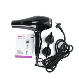 سشوار حرفه‌ای 2200 وات وی جی ار مدل V-413، موتور AC، وزن 802 گرم، المنت سرامیک تورمالین، دارای سری متمرکز‌کننده باریک، متمرکز‌کننده پهن با ویژگی صاف‌کنندگی، حجم‌دهندگی، با قابلیت باد سرد