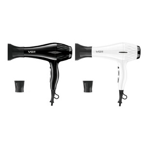 سشوار حرفه‌ای 2200 وات وی جی ار مدل V-413، موتور AC، وزن 802 گرم، المنت سرامیک تورمالین، دارای سری متمرکز‌کننده باریک، متمرکز‌کننده پهن با ویژگی صاف‌کنندگی، حجم‌دهندگی، با قابلیت باد سرد