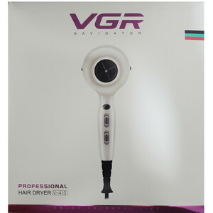 سشوار حرفه‌ای 2200 وات وی جی ار مدل V-413، موتور AC، وزن 802 گرم، المنت سرامیک تورمالین، دارای سری متمرکز‌کننده باریک، متمرکز‌کننده پهن با ویژگی صاف‌کنندگی، حجم‌دهندگی، با قابلیت باد سرد