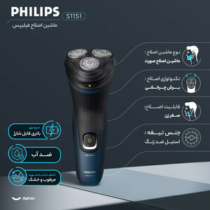 ماشین اصلاح موی صورت فیلیپس مدل S1151 با 3 تیغه چرخشی استیل ضد زنگ، مقاوم در برابر آب، قابلیت اصلاح شماره صفر، شارژ USB و طراحی ارگونومیک ضد لغزش برای استفاده خشک و مرطوب  صدرصد اصلی