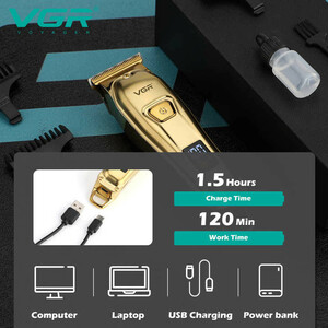 ماشین اصلاح موی سر و صورت وی جی آر مدل V-965 با تیغه استیل ضد زنگ، قابلیت اصلاح با شماره صفر، تنظیم سرعت، شانه قابل تنظیم و باتری 600 میلی‌آمپر ساعت با شارژ USB و طراحی ارگونومیک و مقاوم در برابر لغزش