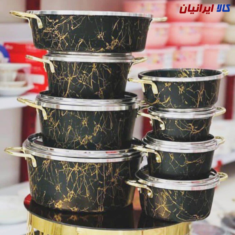 سرویس 14 پارچه فورج دسته طلایی گرانیت ماربل