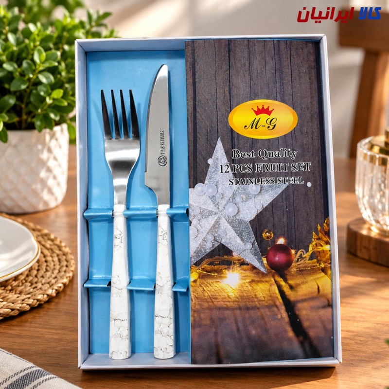 کارد و چنگال میوه خوری 12 پارچه دسته پلاستیکی طرح سرامیک ماربل