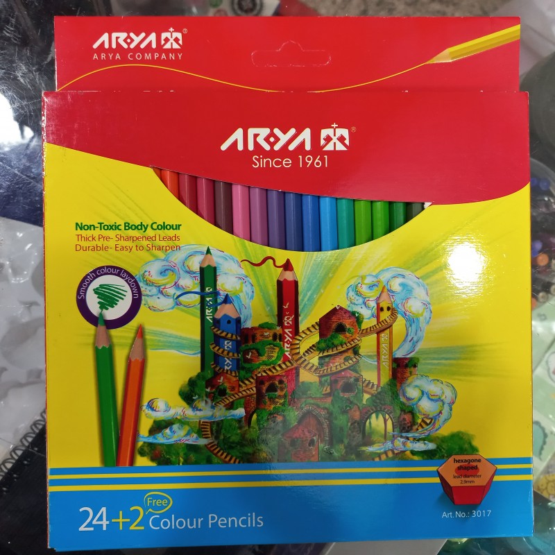 مداد رنگی 24+2 رنگ مقوایی آریا