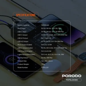 پاوربانک 30000 هزار 20 وات لارا پرودو مدل PORODO LARA  PDPBJ261BK