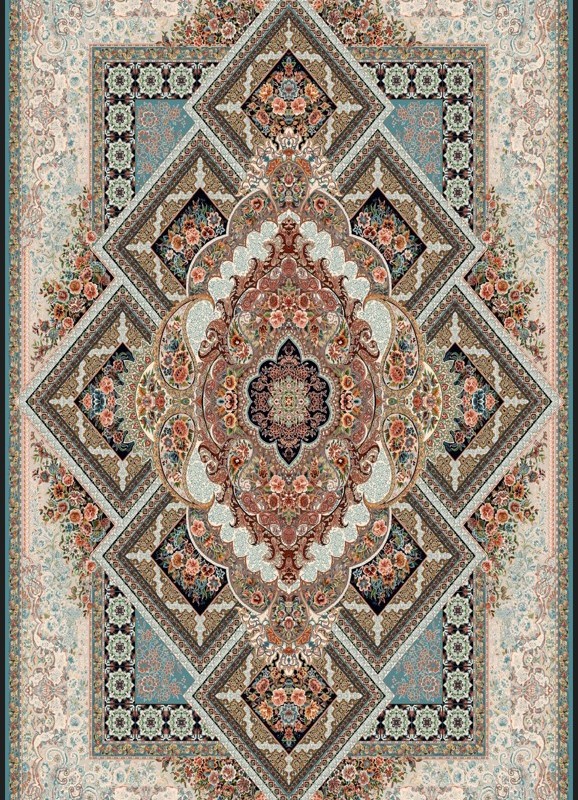 فرش‌ماشینی 700شانه درجه1 ابعاد متنوع طرح آرزو 8 رنگ زمینه آبی فیروزه ای| کیفیت ضد حساسیت. فرش قسطی